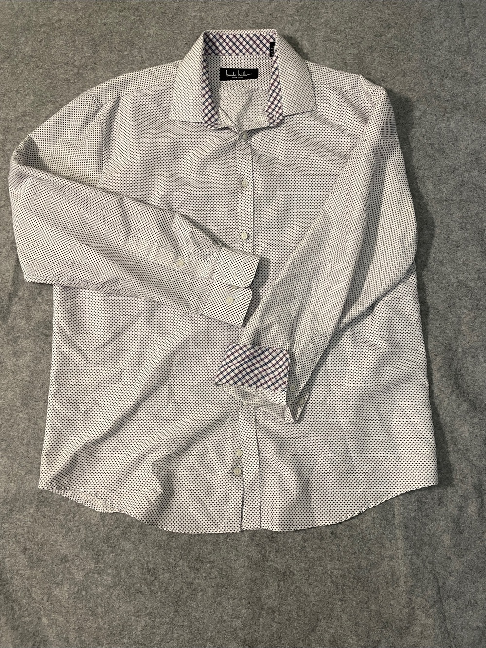 Nicole Miller New York White Dress Shirt w/ Navy Micro-Print w/ contrast trim 55